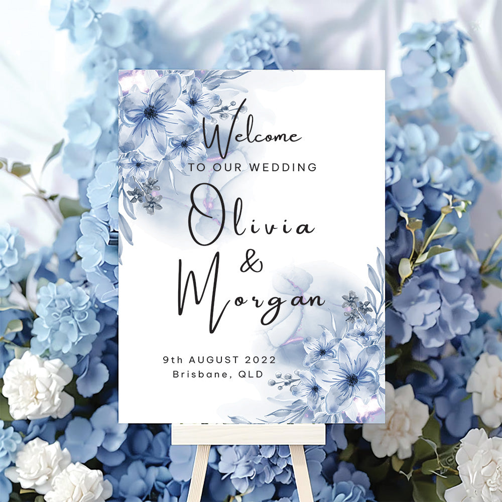 Printed Wild Blue Floral Wedding Welcome Sign