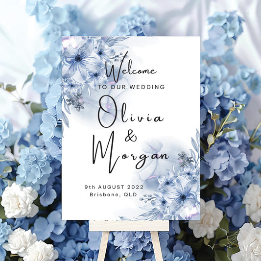 Printed Wild Blue Floral Wedding Welcome Sign